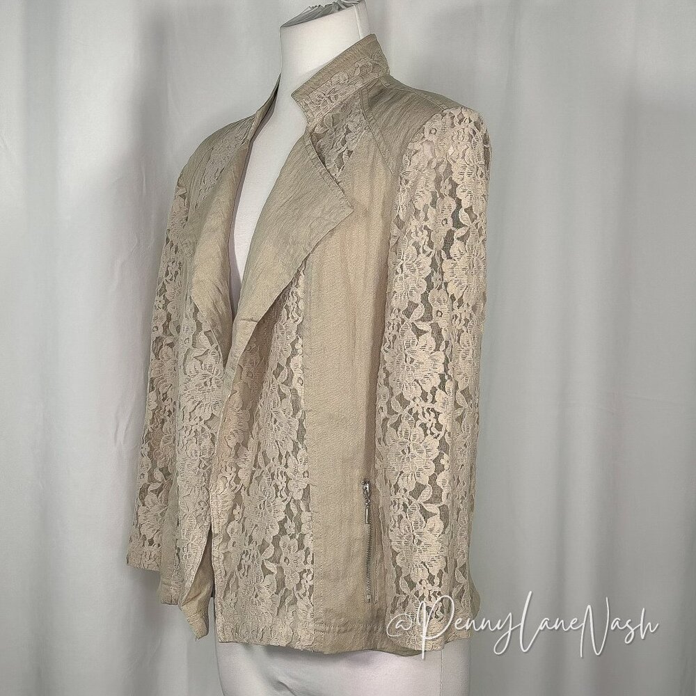Chicos Lace Draped Open Front Jacket Size 2 Tan - Picture 10 of 12